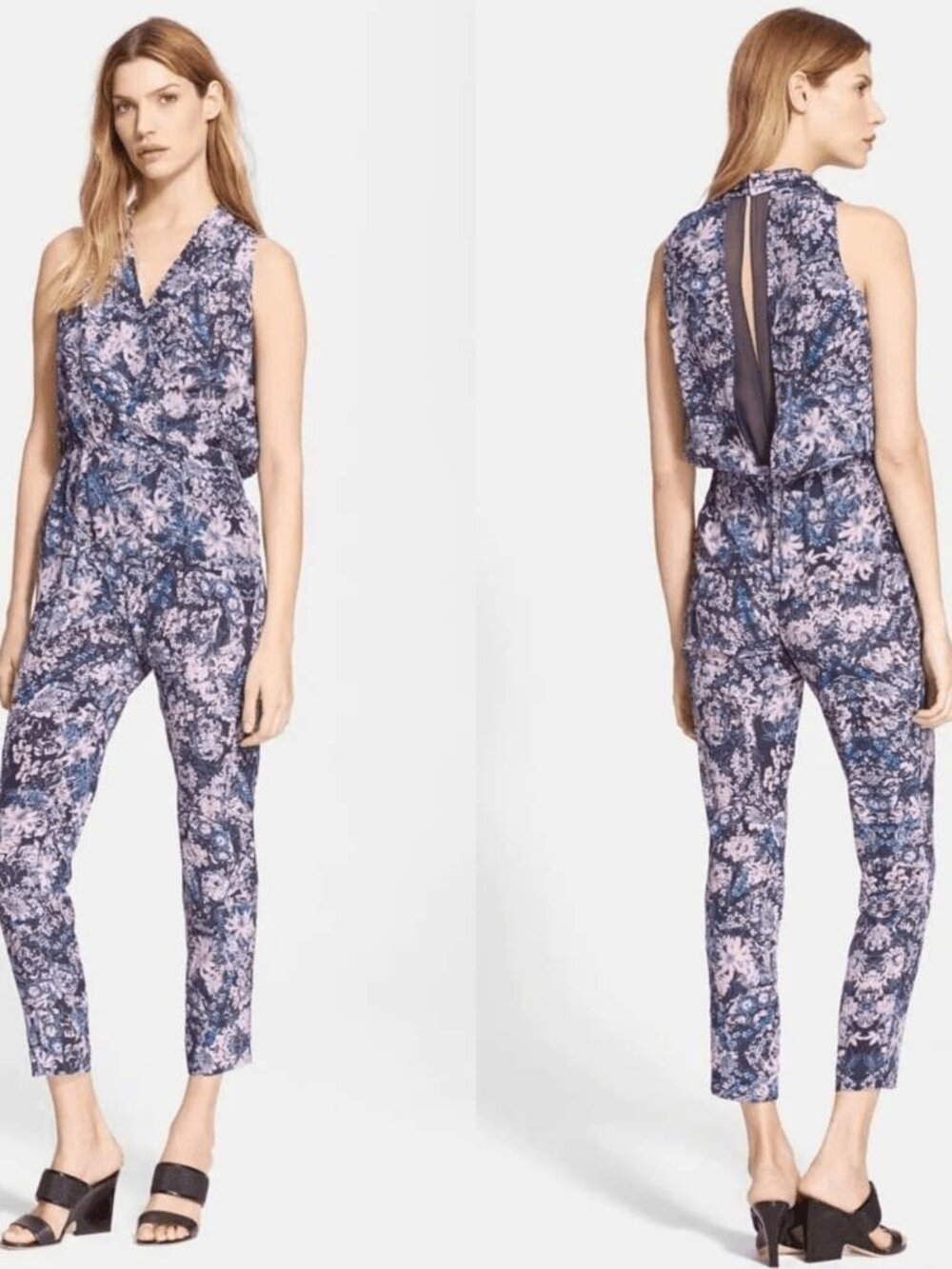 Rebecca Taylor 100% Silk Kiku Print Jumpsuit 0 Navy Lavender Sheer Mesh Back Top